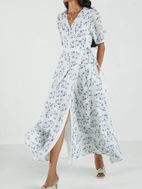 New Madewell Reistor “Summer Rains” White Blue Floral Wrap Midi Dress Size Small
